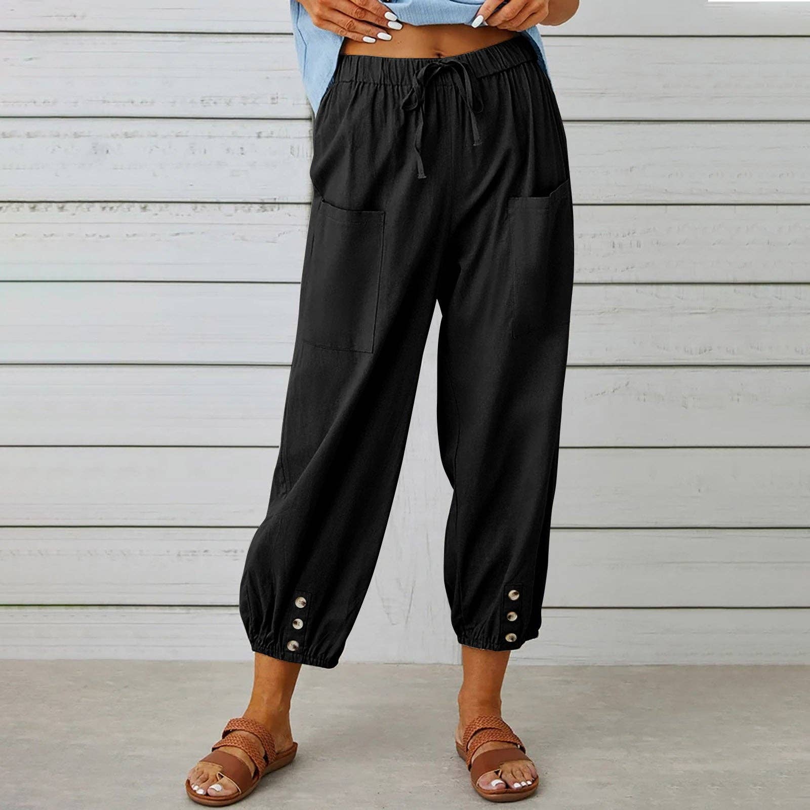 safistyle - Wholesale Pants - Women's - Loose High-Waist Buttoned Cotton Linen Wide-Leg Pants1