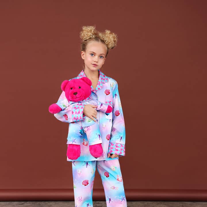 Girls Cotton Mermaid Pyjama Set with Matching Teddy Bear for wholesale by Luna Mia Kids