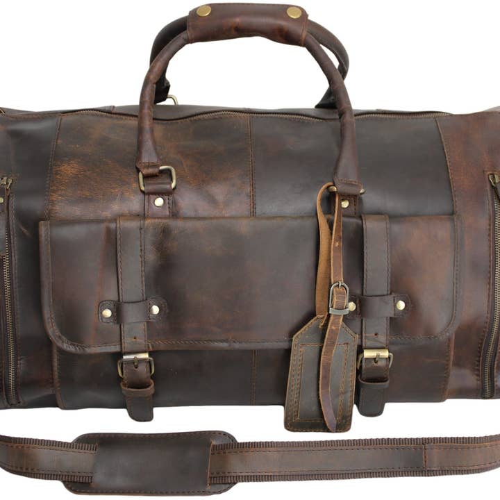 hide & chic - Wholesale Weekender bag – Unisex - Quality Full Grain Genuine Leather Travel Bag with Adjustable Shoulder Strap. FREE Leather Apple Air-tag Holder.16