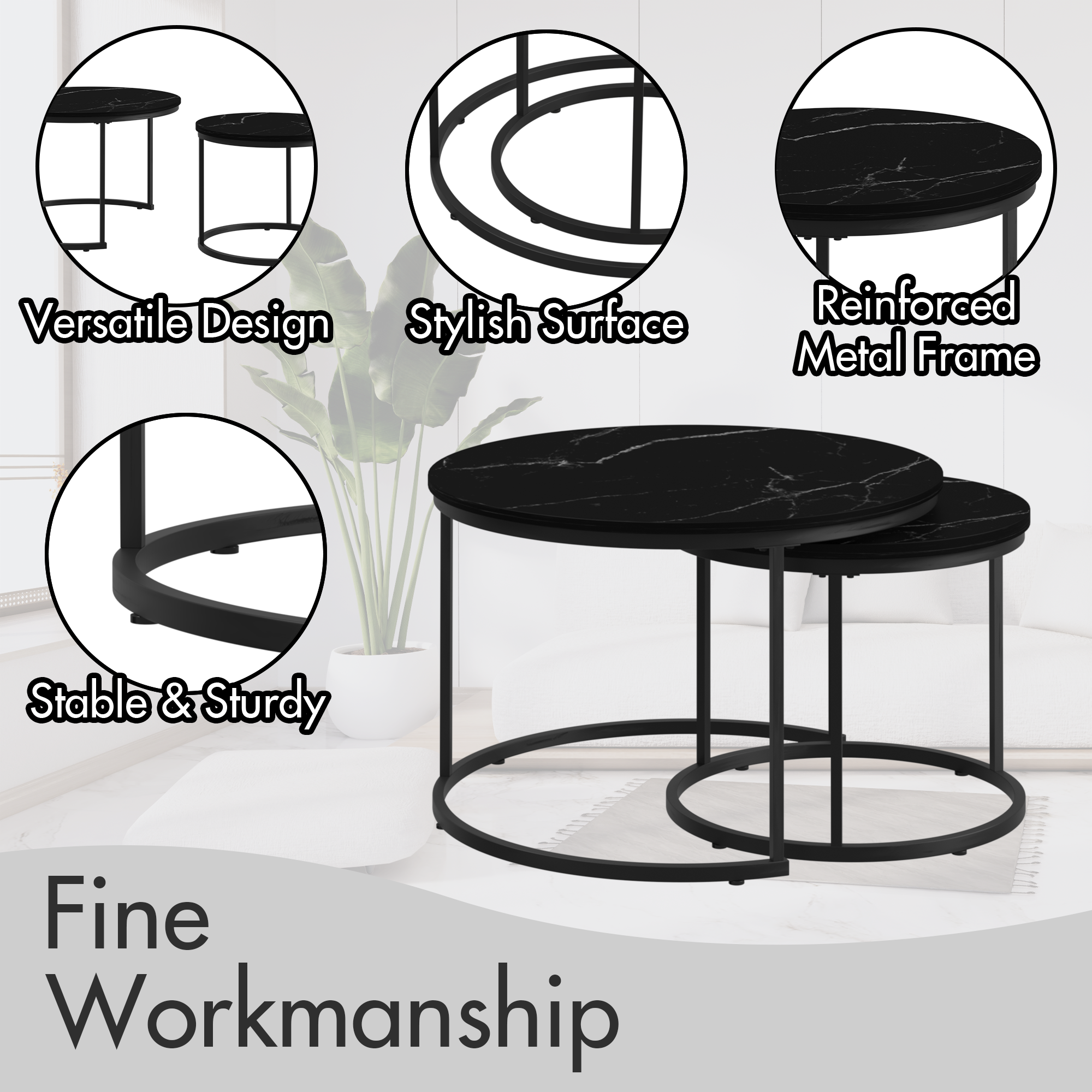 39F Inc. - Wholesale Coffee Table - Set of 2 Nesting Round Black Coffee Tables with Marble Top11