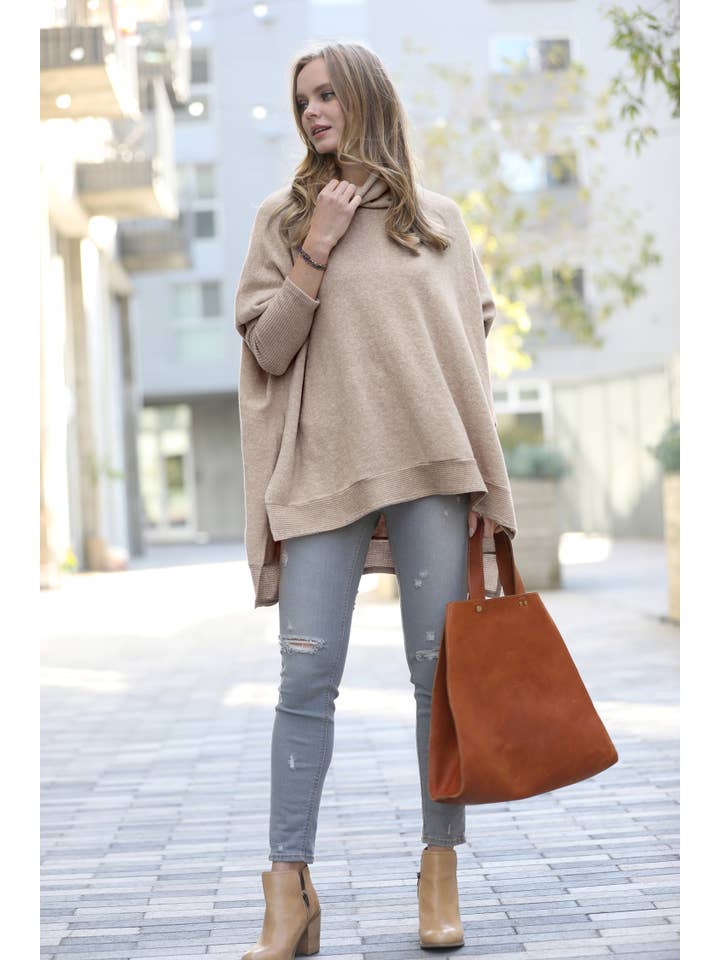 42POPS - Wholesale Poncho - Women's - ' Brushed Melange Cowl Neck Poncho Hi-low Sweater