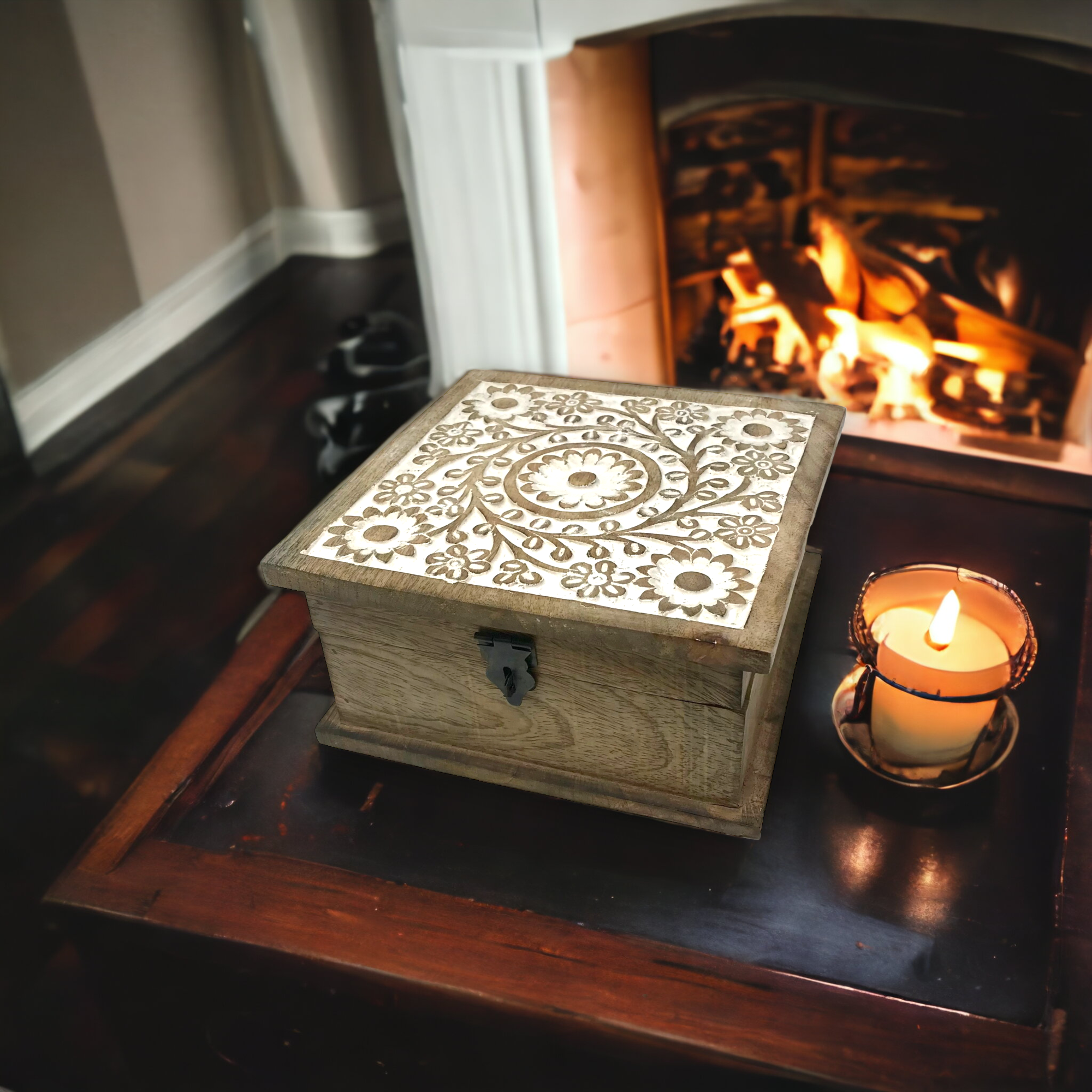 Wilco Home – Großhandel Dekoschachteln – Herbst geschnitzte Holz "Blumengarten" Scharnierbox2