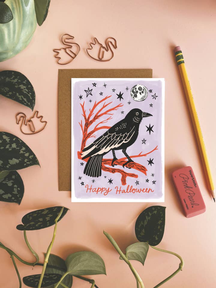 Happy Halloween Card - Raven Notecard for wholesale by Dream Folk Studio