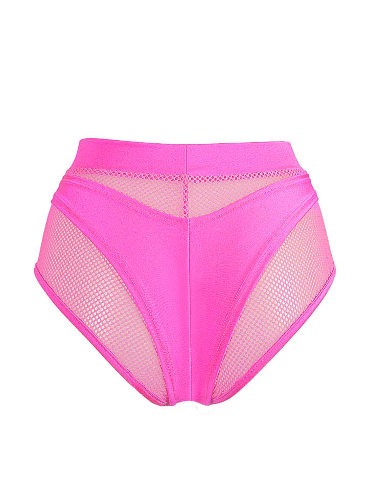 EXES LINGERIE - Vendita all'ingrosso Completino intimo - Donna - Bottom a vita alta in rete + perizoma / Completo due pezzi / NEON PINK