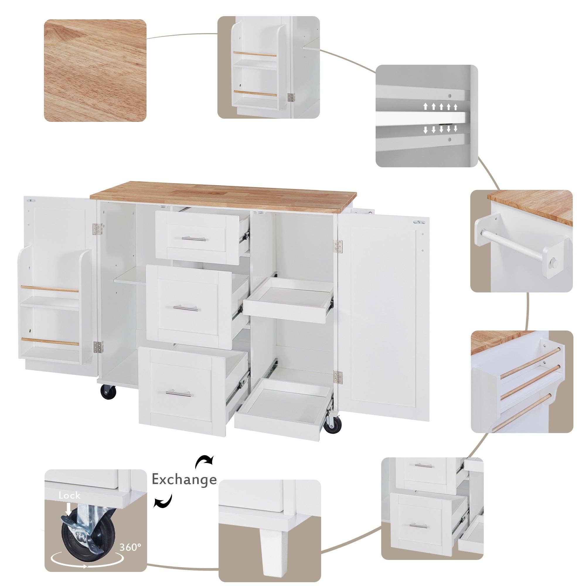 Orange County Decor - Wholesale Kitchen Storage/Organizer - K&K Rolling Kitchen Island With Storage, Kitchen Cart With Rubber Wood Top, 3 Drawer, 2 Slide Out Shelf And Internal Storage Rack, Kitchen Island On Wheels With Spice Rack & Tower Rack, White White7