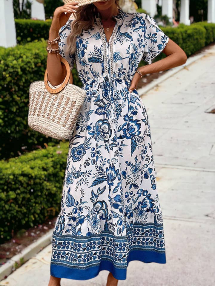Blue Printed Bohemian V-Neck Pocket Maxi Dress for wholesale on Faire