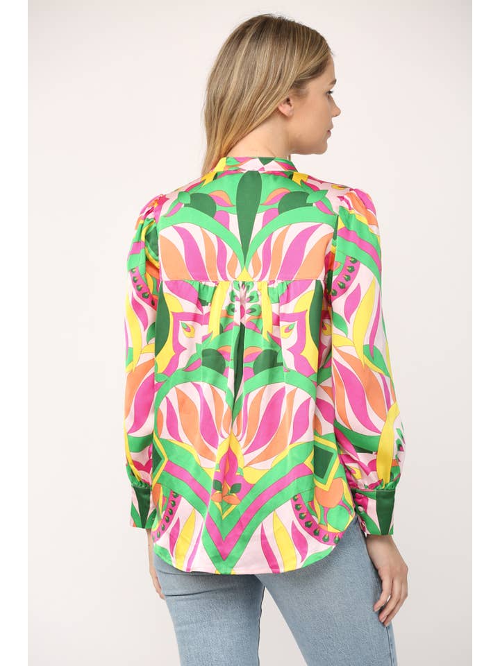YELLOW PINK ABSTRACT PRINT STANDING COLLAR BUTTON DOWN SHIRT FT8911 for wholesale on Faire