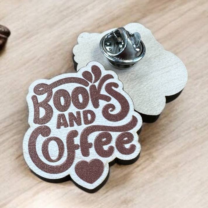 Books & Coffee - Wooden Pin Badge for wholesale by The Enamel Pin Factory