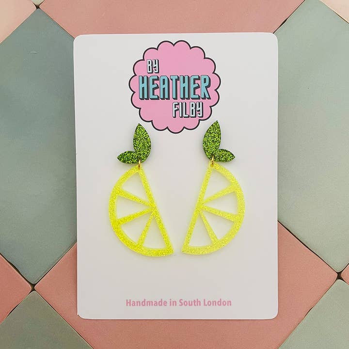 Lemon Slice Yellow Glitter Earrings. - Best Seller for wholesale by By Heather Filby