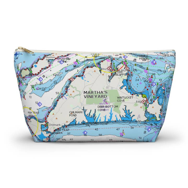 Martha's Vineyard Nautical Map accessory bag. T-bottom pouch for wholesale by Lyn Roma