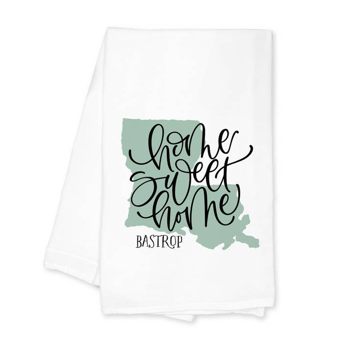 White Cotton Tea Towel White-Home Sweet Home Bastrop Louisiana for wholesale on Faire