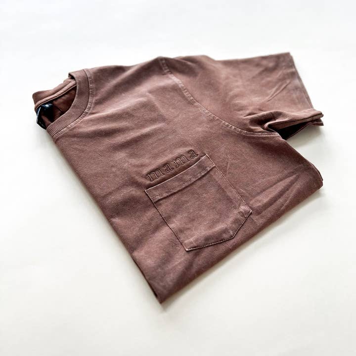 Mama Embroidered Adult Pocket Acid Wash Tee - Toffee for wholesale by Merce and Company
