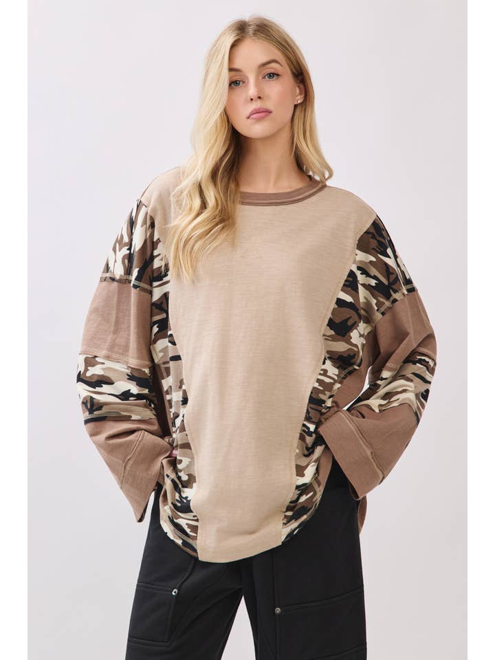 TAUPE COMBO Camo Patchwork Bell Sleeve Top for wholesale on Faire4