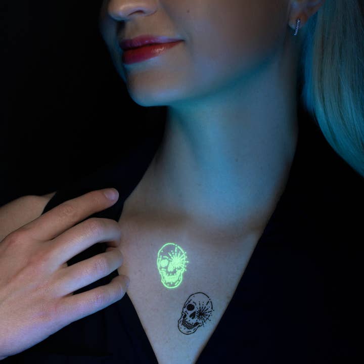 Tattly - Wholesale Temporary Tattoo - Glowing Skulls GID Tattoo Pair
