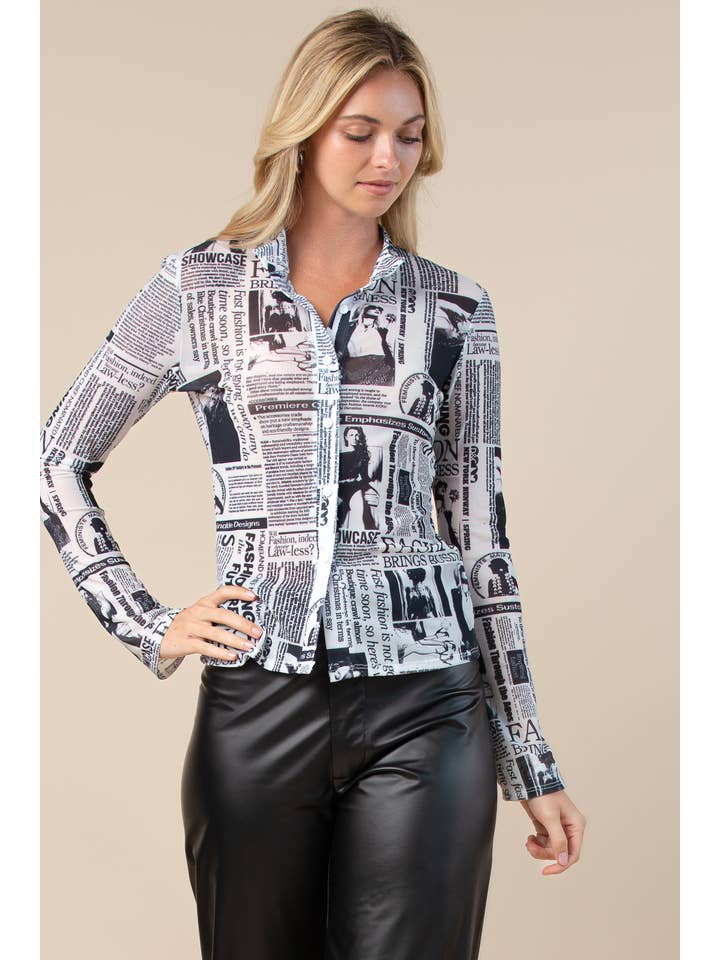 T1489-5944-Hera Newspaper Print Mesh Button Top for wholesale on Faire
