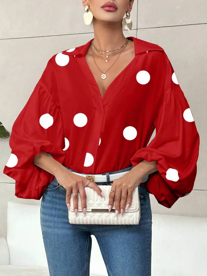 Suhkasana - Wholesale Blouse - Dames - Polka Dot Blouse met Lantaarnmouwen en Halve Knoopkraag4