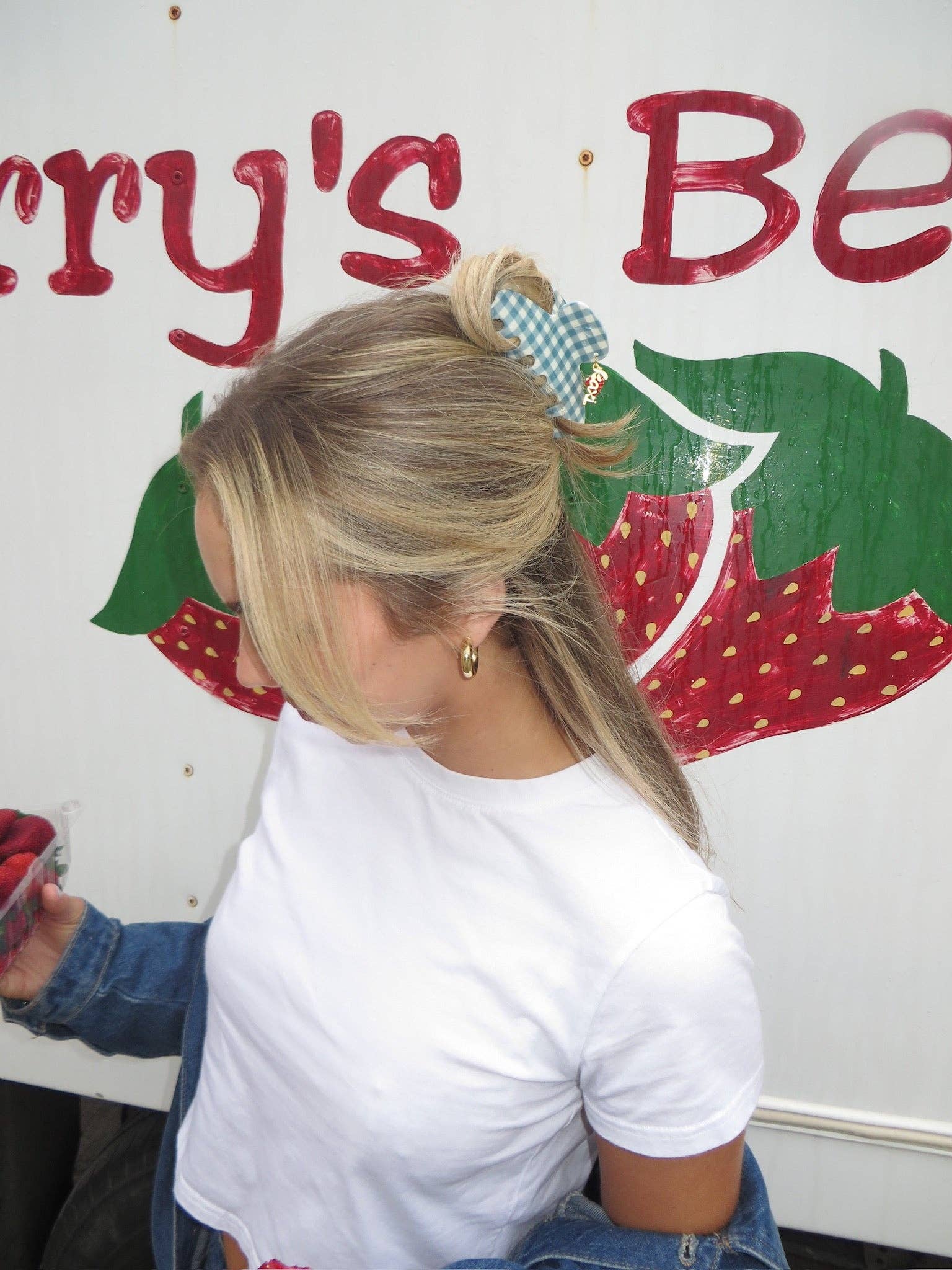 KAXI - Wholesale Hair Clip - Women's - BLUE GINGHAM STRAWBERRY CHARM CLAW9