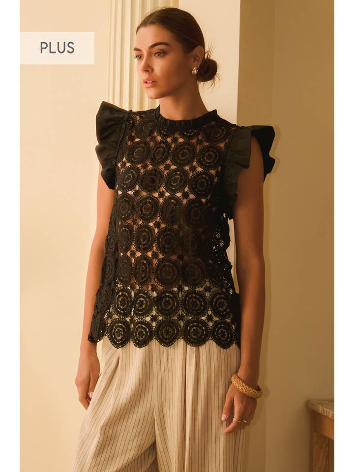 Oddi - Vente Chemisier – femme - Haut à manches courtes évasées en dentelle crochetée Plus