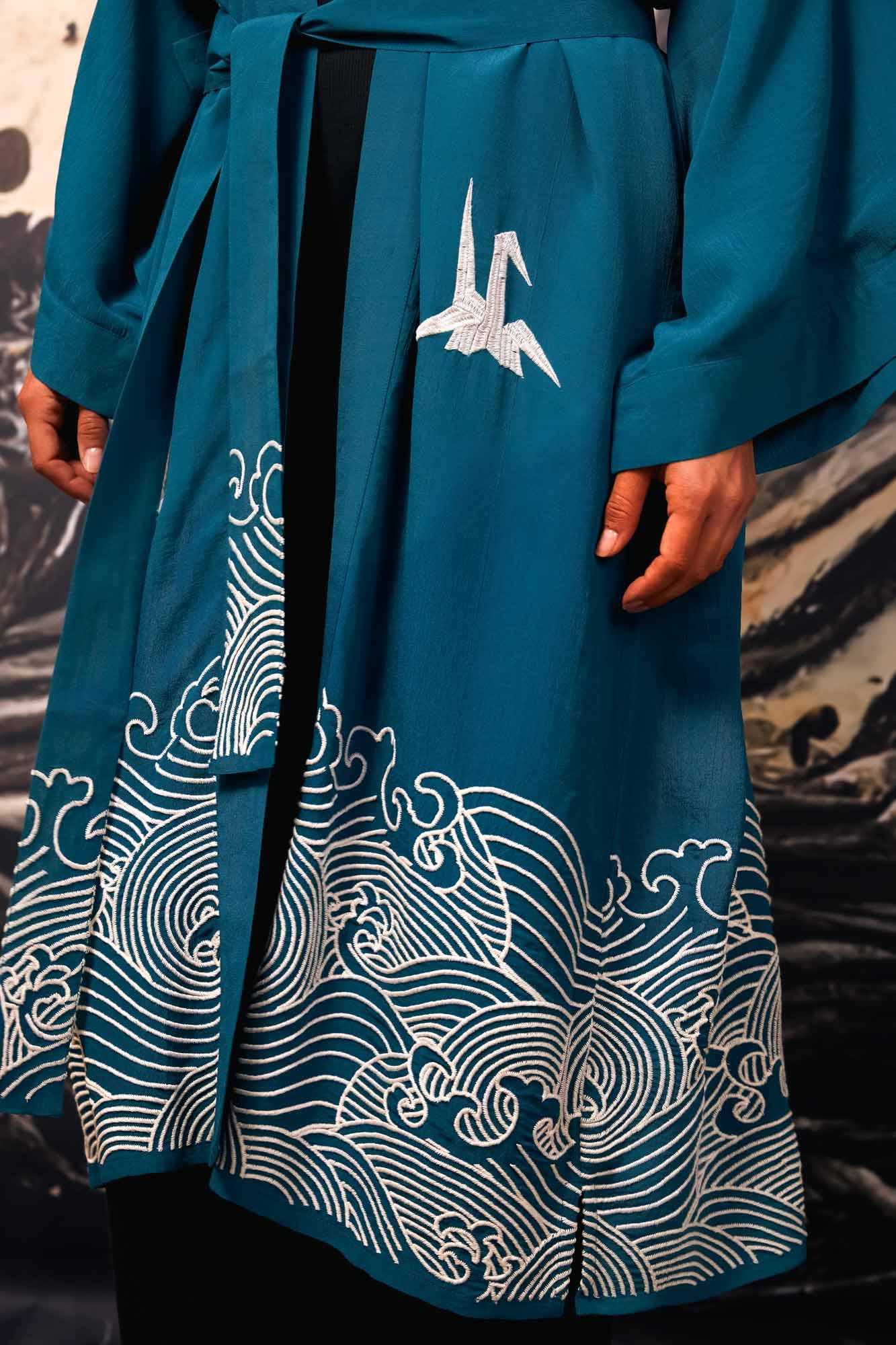 Artemis Muse – wholesale Kimono – Women's – Origami & Hokusai Wave Embroidered Fully Lined Deep Teal Long Kimono3