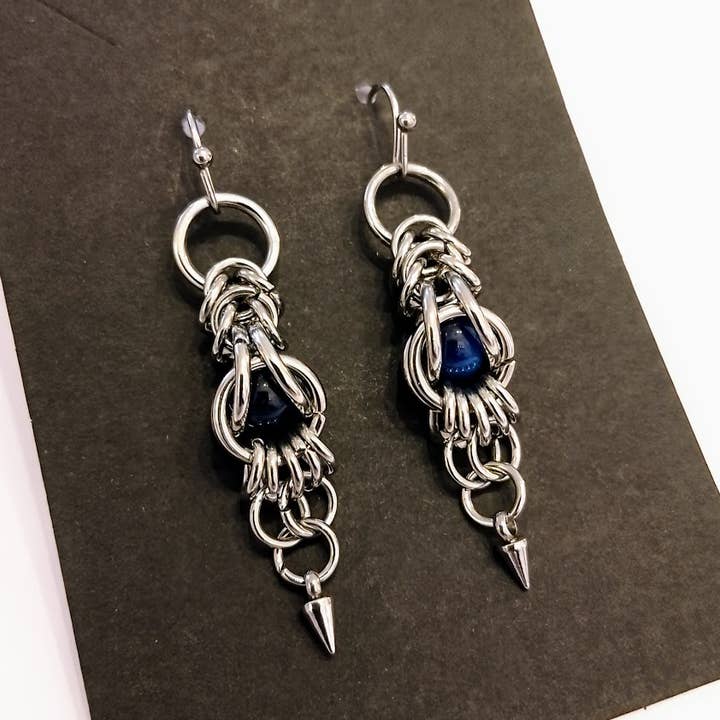 Chain Maille Dangle Earrings & Blue bead - Statement & Bold
for wholesale by Dizzy & Co Designs