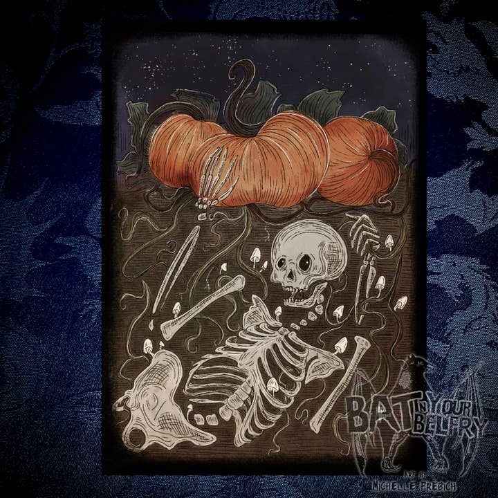 Under the Pumpkins Art Print for wholesale by Bat In Your Belfry