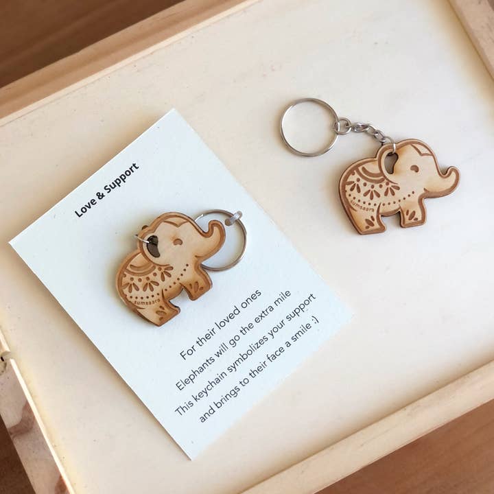 Love and Support Keychain, Wood Elephant Keychain for wholesale by Sumsaara