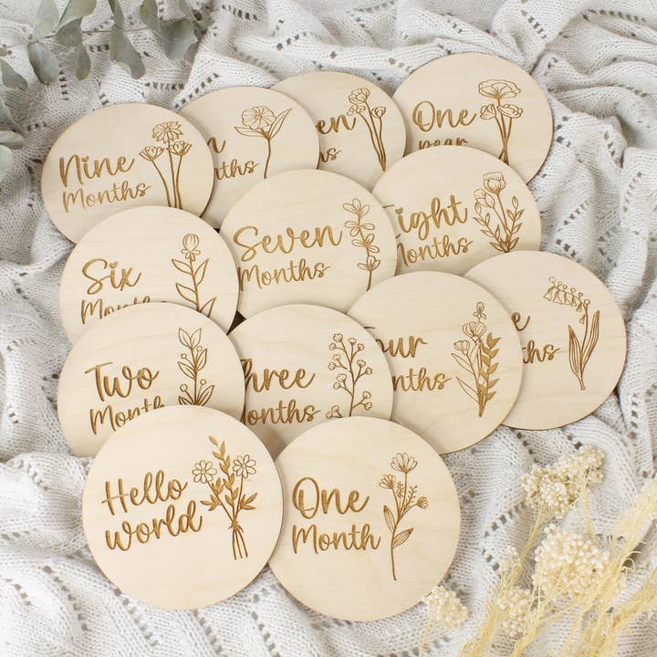 Wooden Monthly Milestone Discs for wholesale by Meridian Etch