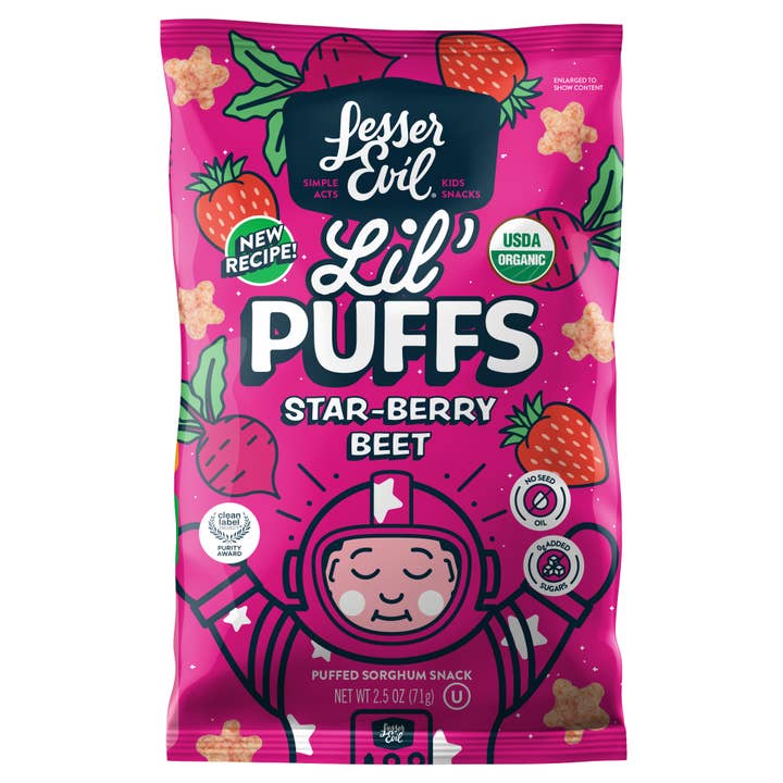 LesserEvil - Wholesale Puffed Snack - Lil' Puffs Star-Berry Beet, 2.5oz