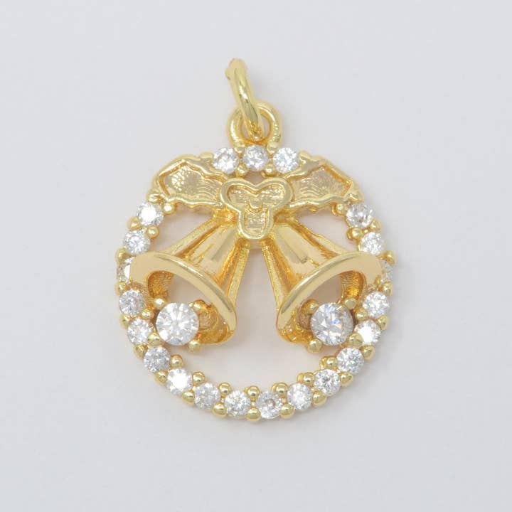 Dainty Christmas Jingle Bells 18K Gold Filled Round Coin Wreath add on Charm M-383 for wholesale by Aim Eternal