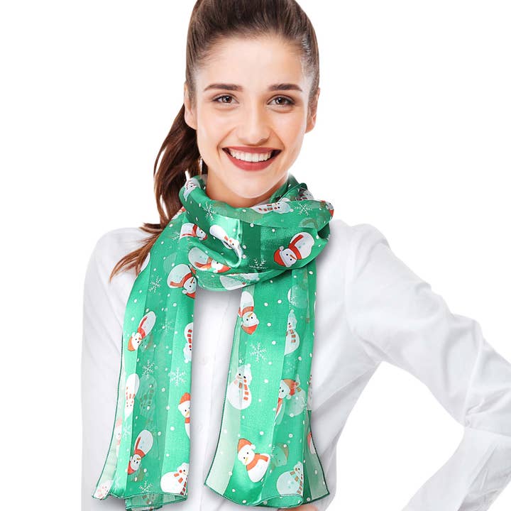 Cube Enterprise - Wholesale Scarf - Women's - Snowflakes & Snowman Winter Theme Scarf - Silk Feeling Scarf