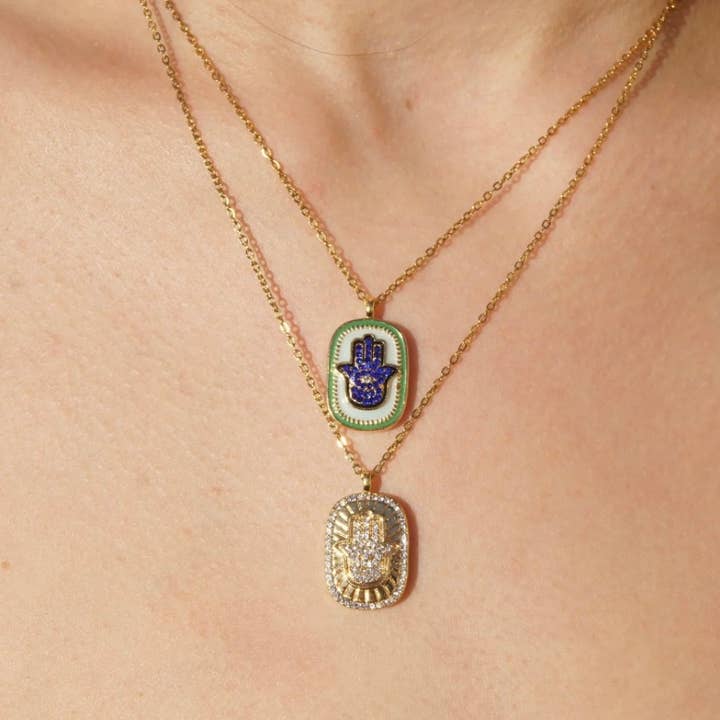 HoopLa - Wholesale Pendant/Charm Necklace - Hamsa Enamel and Crystal Necklace Double Sided Amulet