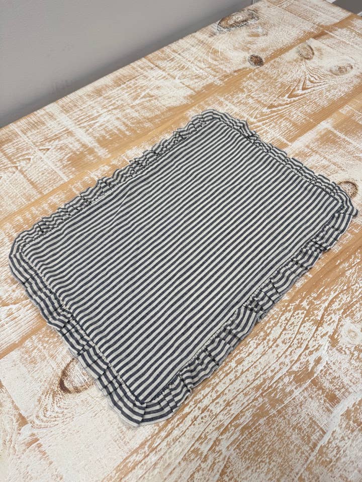 Set of 4 Navy Stripe Ruffle Placemats for wholesale by Ellenvale Trade