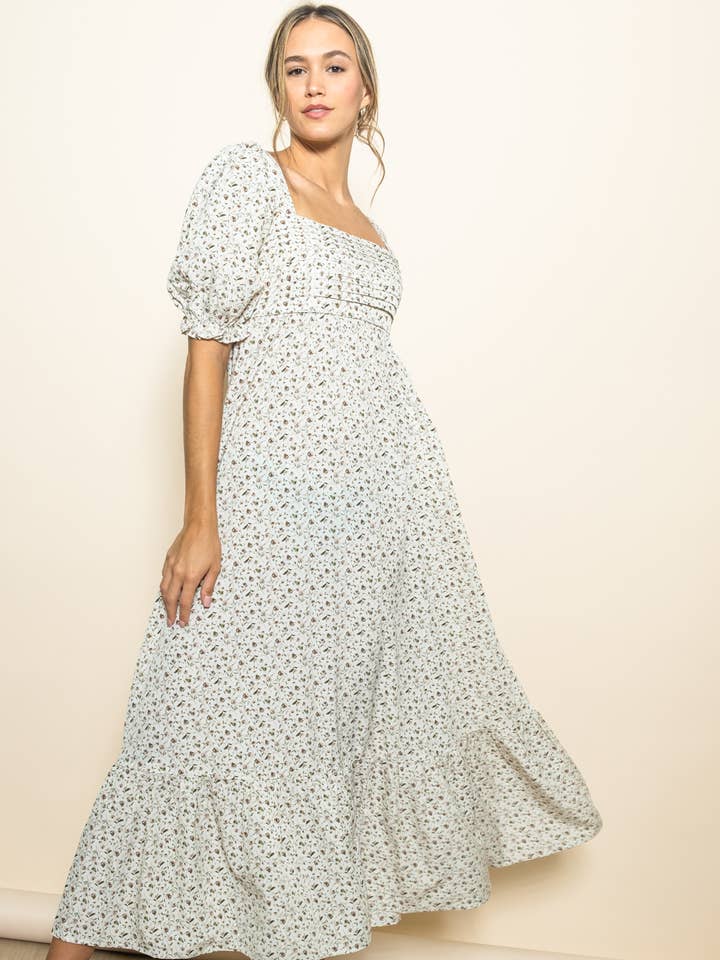 Vestido Comprido Floral Romântico com Pregas e Franzidos Amplo por atacado de Elloh Collection