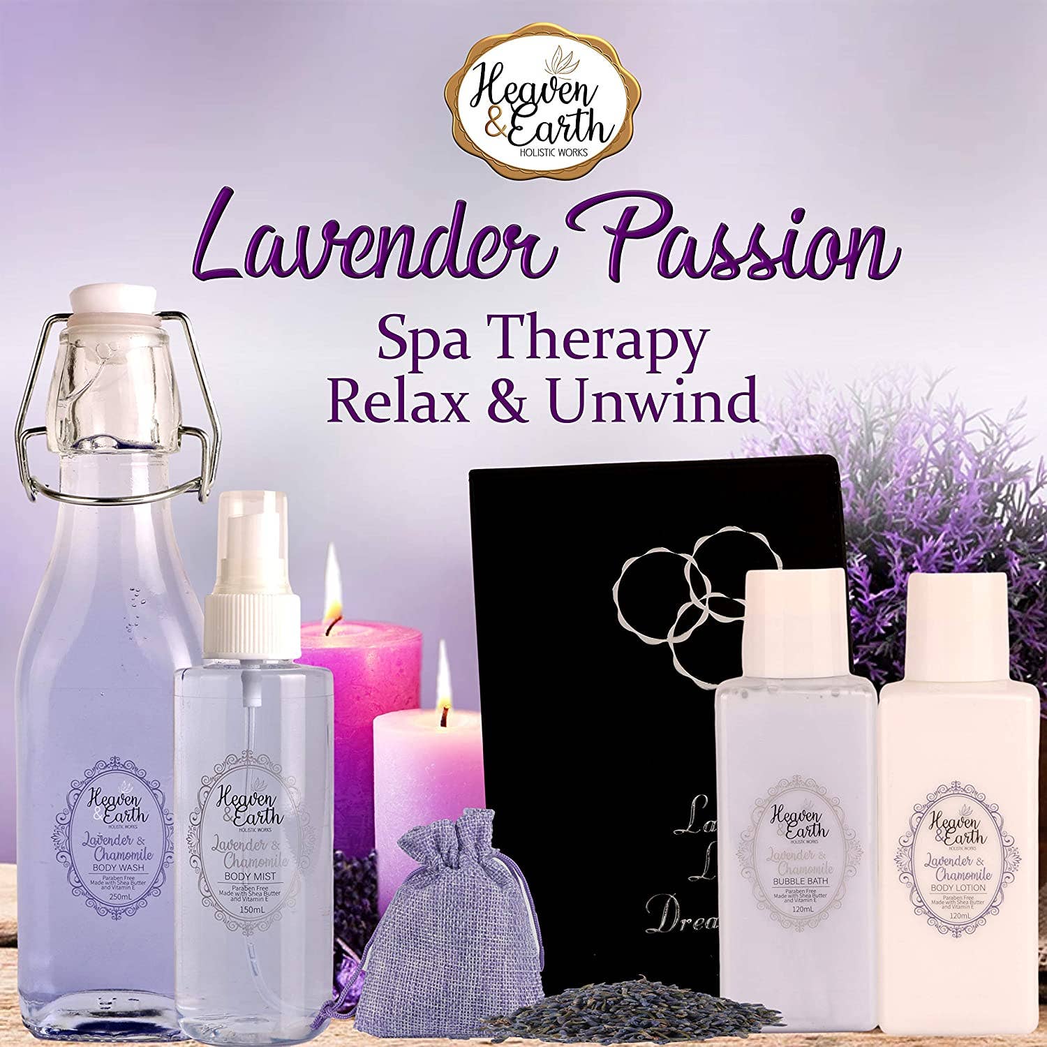 Pure Parker - Wholesale Bath & Body Set - Lavender Passion Spa 18-Piece Gift Basket. All inclusive with Notebook, Bath Bombs, Lotion and more!3