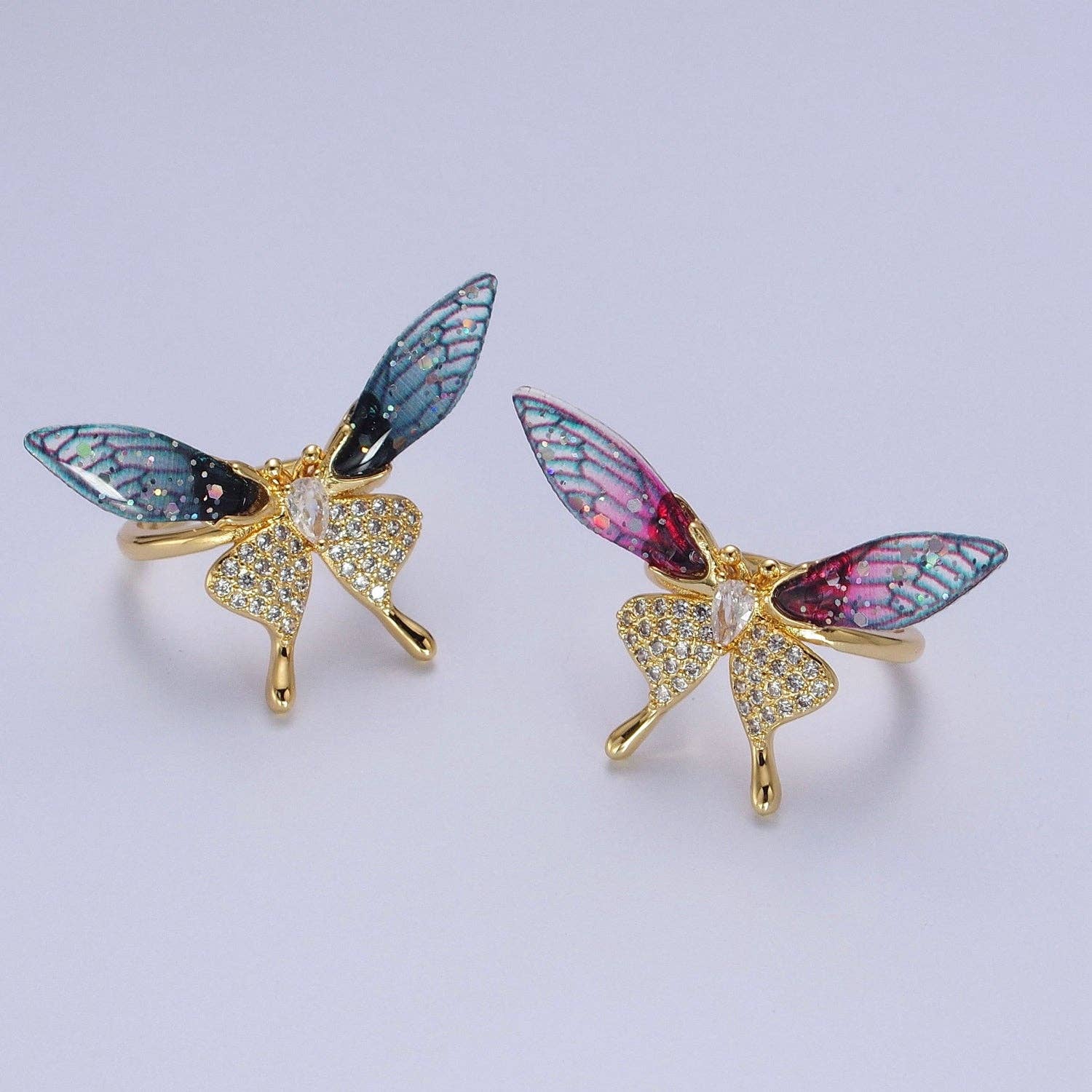 Aim Eternal - Wholesale Cocktail/Statement Ring - Fuchsia, Blue Micro Paved Butterfly Wings Teardrop Insect Gold Rings | Y400 Y4015