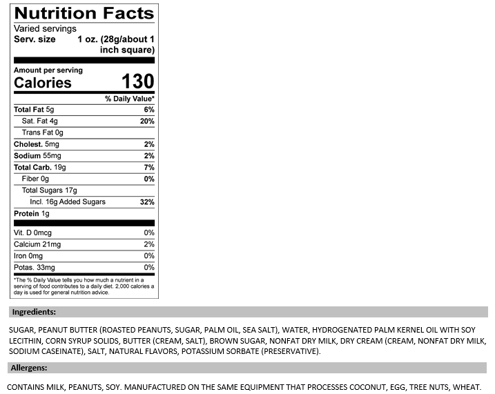 Valley Fudge & Candy - Wholesale Fudge - Peanut Butter 1/2 lb. Fudge Bar2