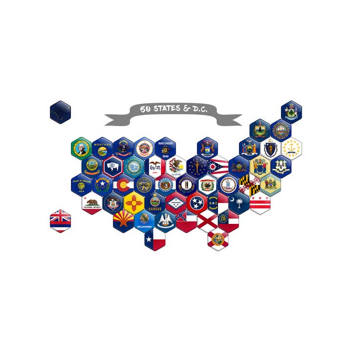 Les drapeaux magnétiques des États-Unis collectent des aimants hexagonaux représentant les 50 États des États-Unis et D.C. Aimant de réfrigérateur unique en édition souvenir américain pour la vente par ArtyHills