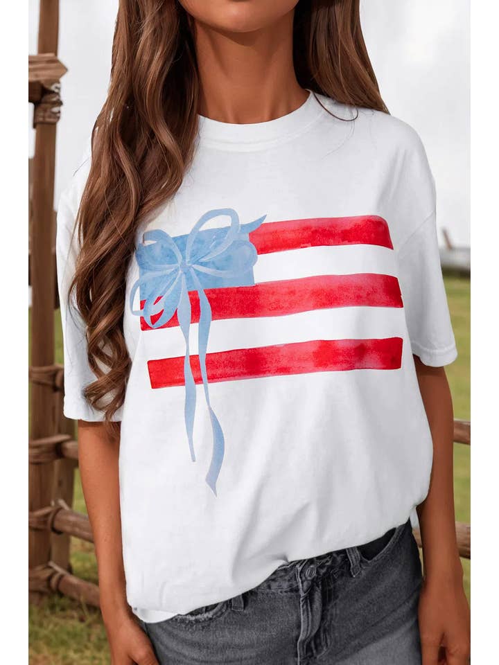 fashionworks - Wholesale T-Shirt - Women's - Fashion-W Flag Bow Graphic Crewneck Tee