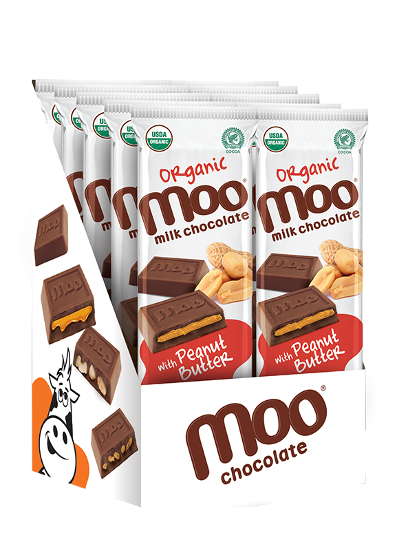 MOO Organic Chocolates - Wholesale Chocolate Bar - Organic Peanut Butter & Milk Chocolate Large Bar,  1.4 oz1