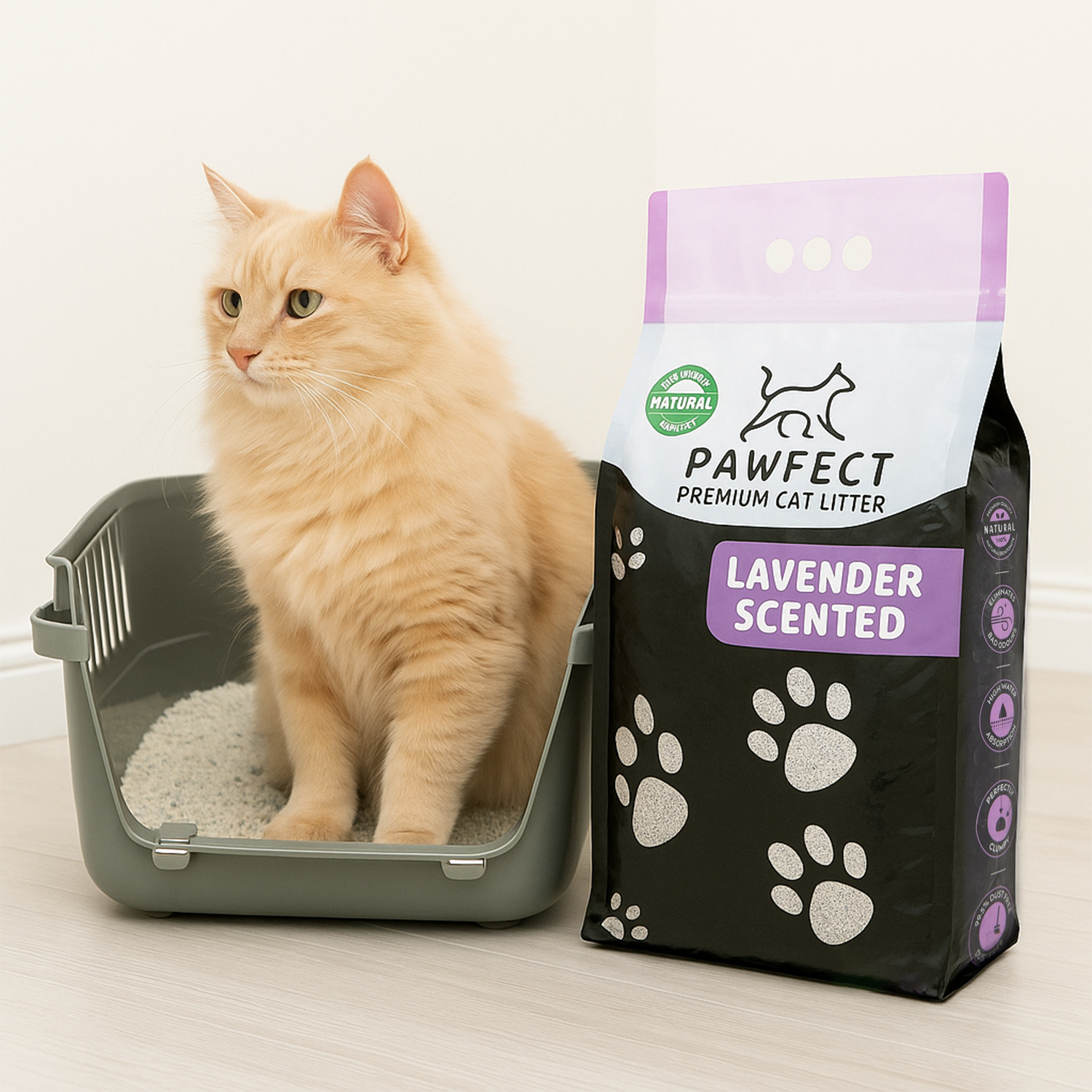 Pawfect Premium Cat Litter – wholesale Cat litter – Lavender Scented Clumping Cat Litter–17.2 lb / 9L, Dust-Free2