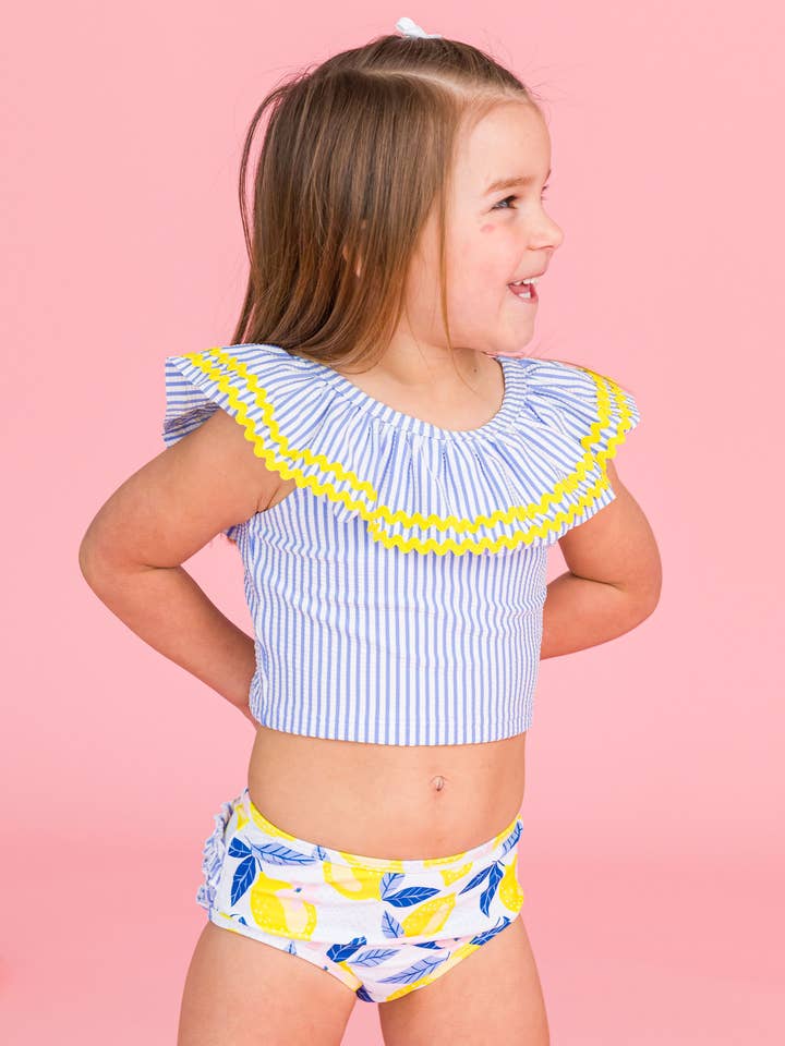 Girls Lemon Capri Ric Rac Ruffle Tankini 2-Piece Swimsuit with Signature Rear Ruffles
 for wholesale by RuffleButts + RuggedButts