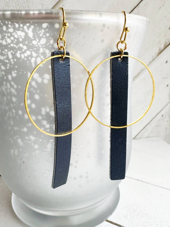 Blue & Gold - Leather Bar + Metal Circle Earrings for wholesale by Boho By Design