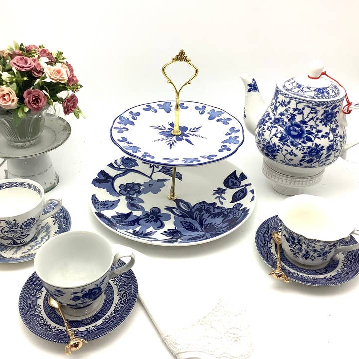 Blue and White Vintage Heritage Flowers Tiered Cake Stand for wholesale by All Little Cute Things