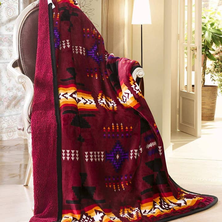 Linen Mart - Wholesale Throw Blanket - Southwestern Aztec Sherpa Borrego Fleece Throw Blanket