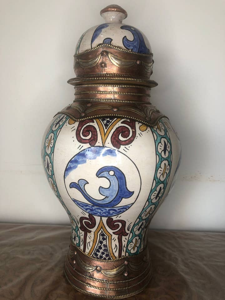 Vintage Moroccan hand painted ceramic Fes Urn vase for wholesale by Marrakech Bazaar