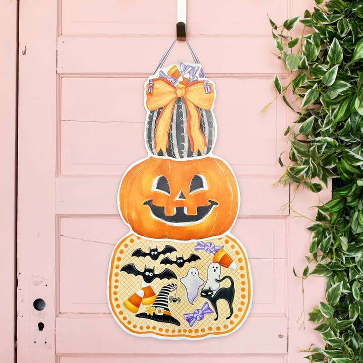 Large Halloween Stacked Pumpkins Door Hanger for wholesale by Songbird Grove Collection