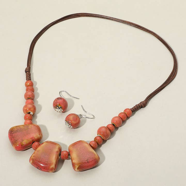 Sensibling Corp. - Wholesale Beaded/Pearl Necklace - Boho Resin Pebble Beaded Adjustable Cord Necklace8