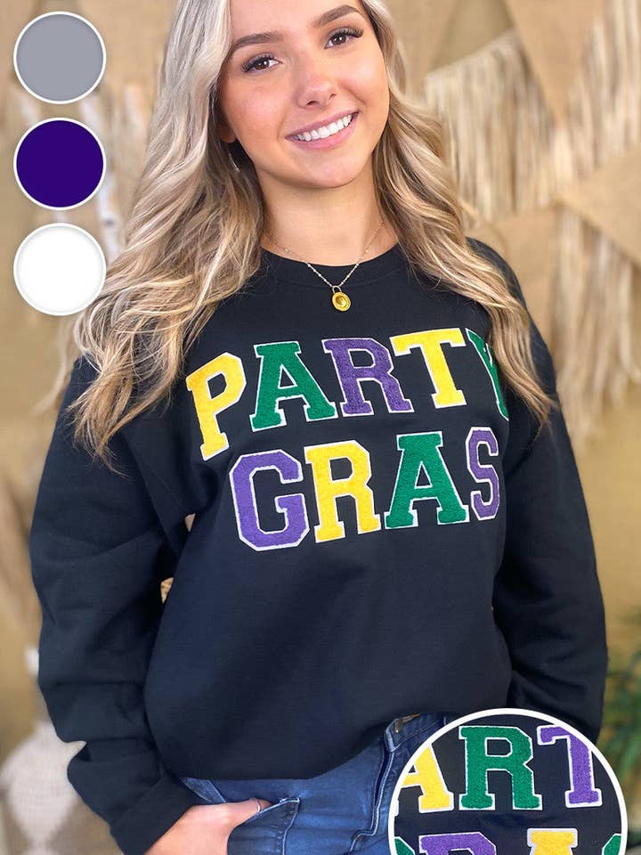 Party Gras Soft Chenille Graphic Sweatshirt for wholesale by Sugar Stitch