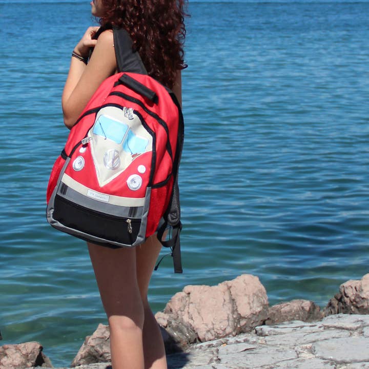 VW Collection by BRISA - Wholesale Backpack - Unisex - VW T1 Bus Office Outdoor Travel Backpack - RD (L)2