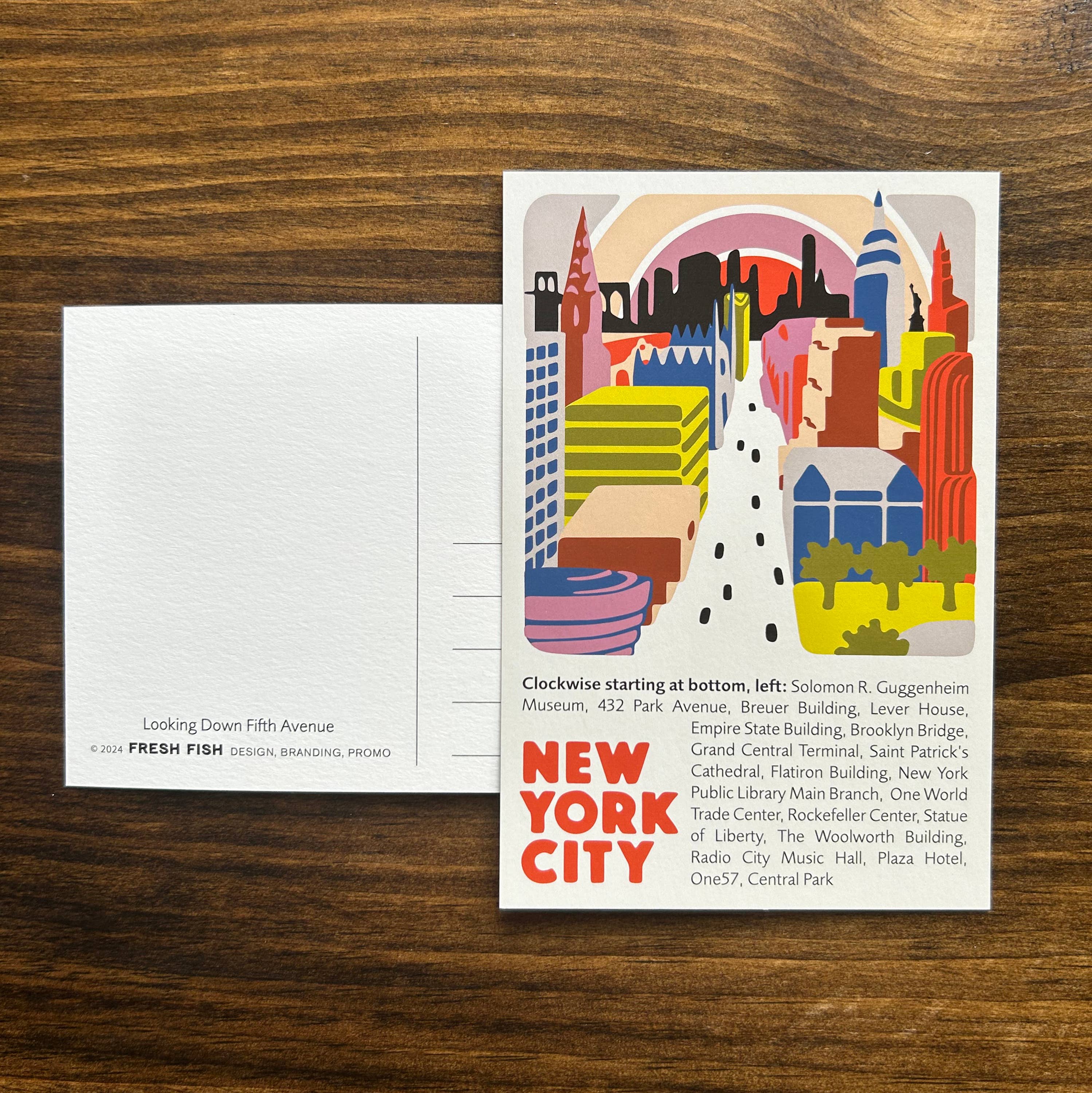 Fresh Fish - Wholesale Postcard - New York City NYC Postcard w/ Illustrated View Down 5th Ave3